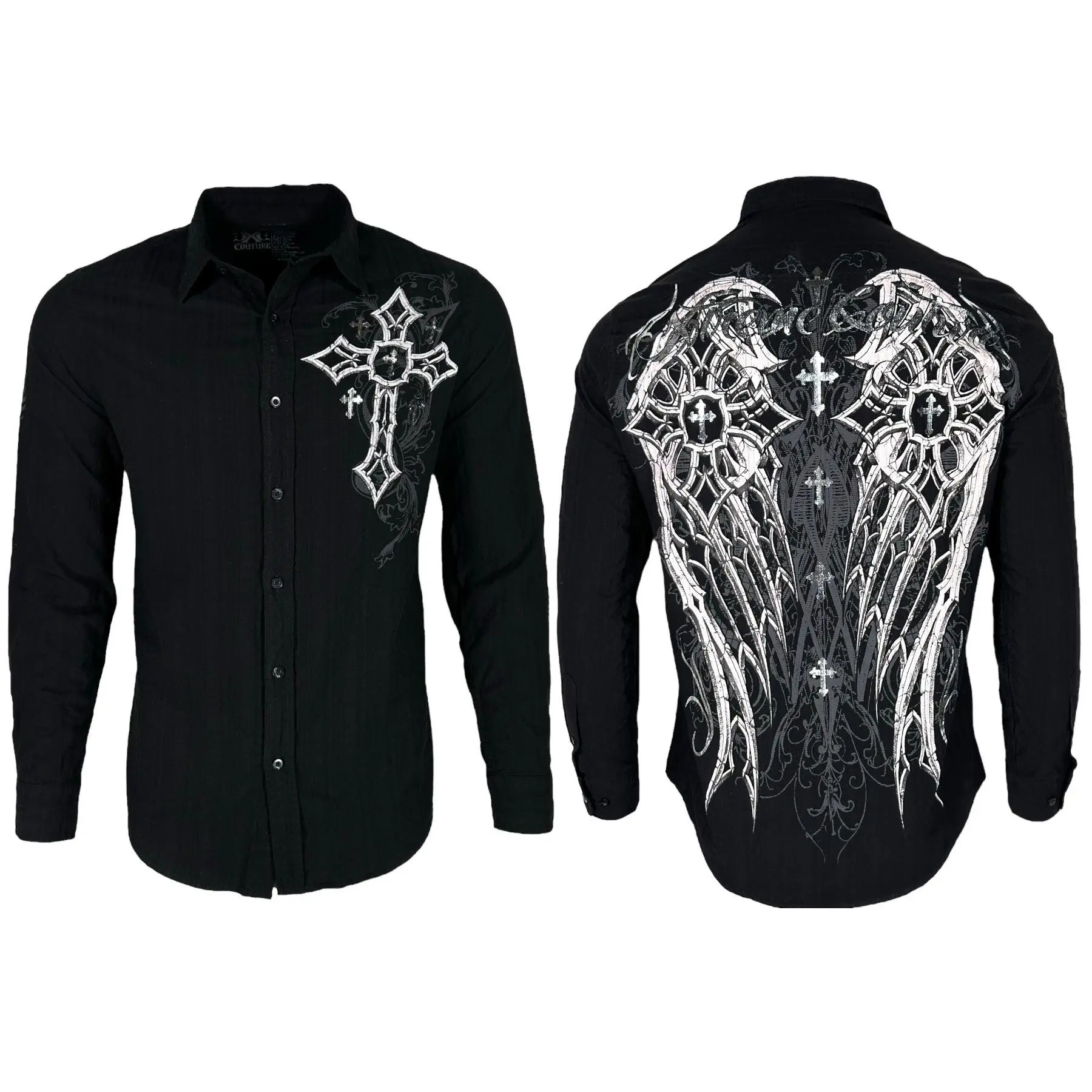 Xtreme Couture by Affliction Men's Graphic Collared Neck Longsleeves Casual Cotton Button-Down Shirt, Menswear Tops "Darkness", Button Up Top, Dark Aesthetic, Cross, Design In Usa, Full Sleeves, Cross Shirts, Button Front Shirts