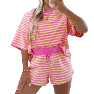 Women's 2-Piece Stripe Drop-Shoulder Boxy Casual Terry Short-Sleeve Shirt & Shorts Set, Soft Breathable Fabric, Summer Womenswear