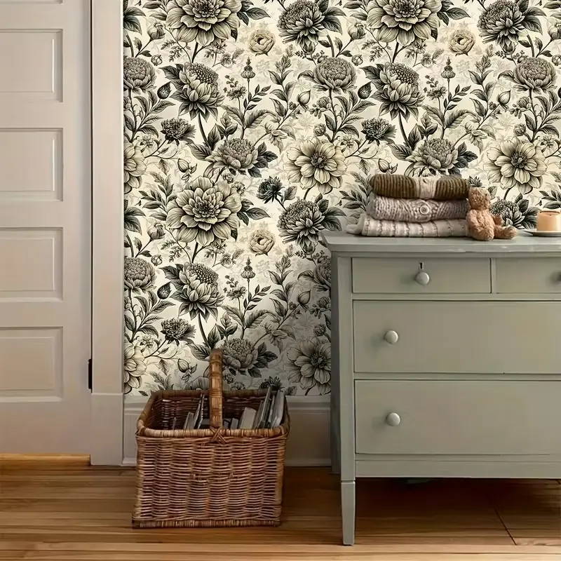 1 Roll Vintage Floral Self-Adhesive, Peel and Stick Wallpaper, Decorative Wallpaper, Black and White Floral Pattern - Waterproof, Removable without Marks, Peel and Paste Contact Paper, Suitable for Home Decoration and Furniture Renovation