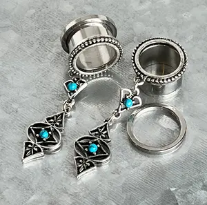 PAIR of Beautiful Turquoise Tribal Charms Dangle Screw Fit Tunnels/Plugs - Gauges 2g (6mm) thru 5/8" (16mm)