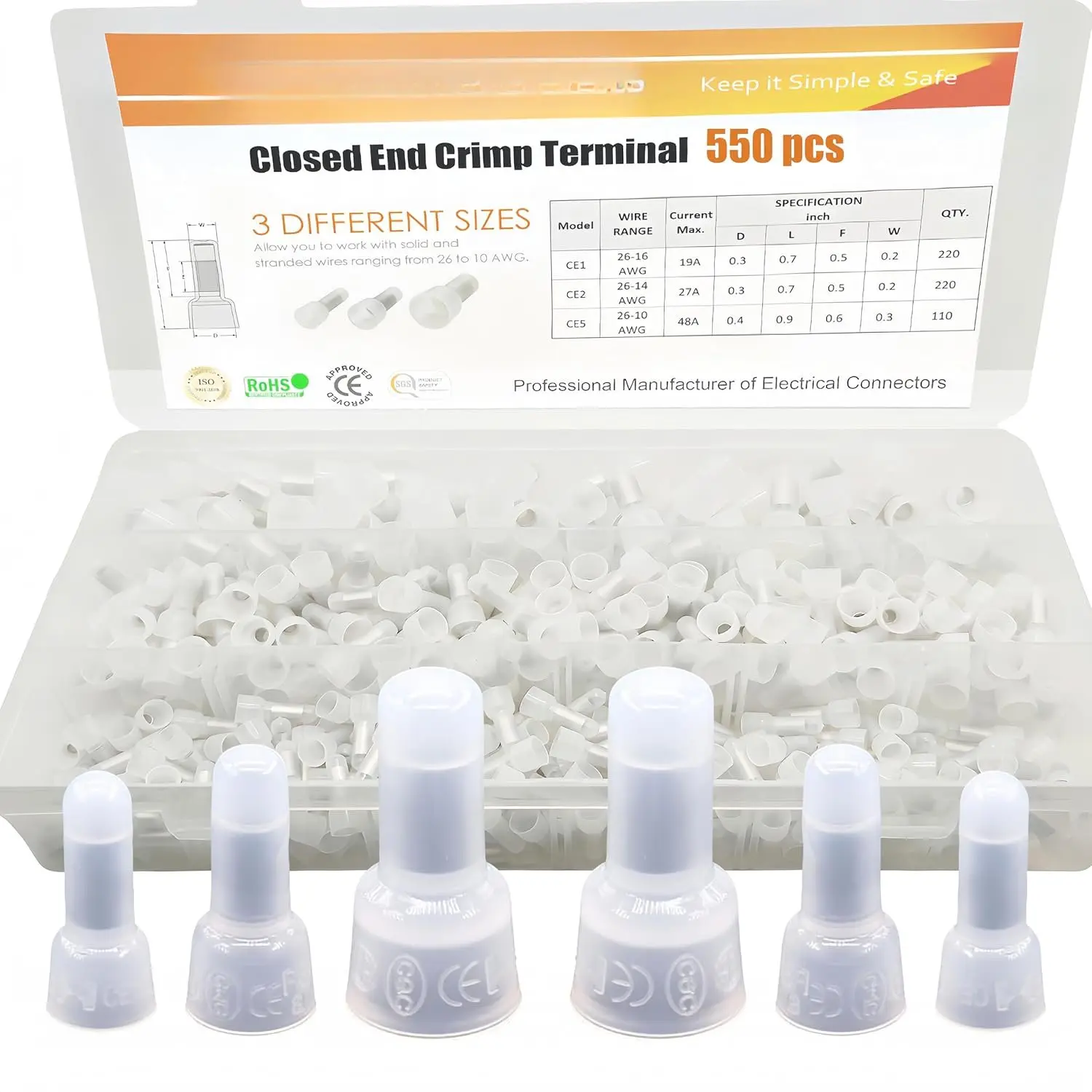 550 count Closed End Crimp Connectors,Wire End Caps,24-10 Gauge Copper Core and Nylon Wire Connectors,Crimp Cap Wire Terminals Connector Assortment Set