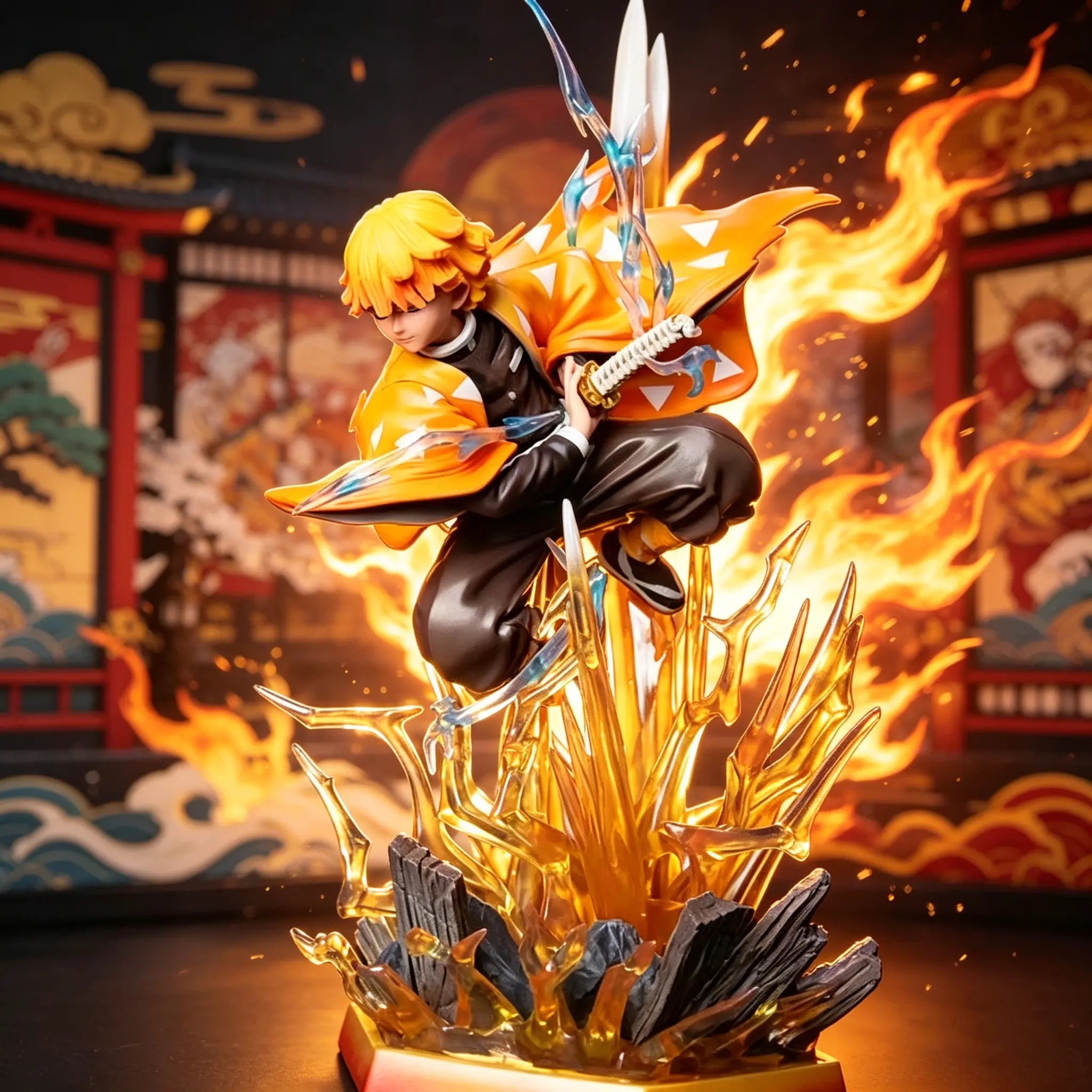 Japanese Anime Yellow-Haired Swordsman Garage Kit Action Figure - 32cm/12.5" Collectible Statue with LED Lightning Effect, Interchangeable Face, PVC Battle Pose Figurine for Fans & Gifts