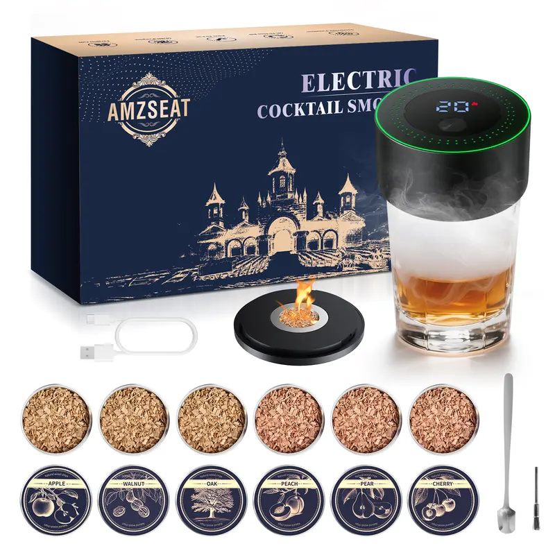 Amzseat Electric Whiskey Smoker Kit Built in Lighter, No Butane Needed, Rechargeable Cocktail Smoker Kit with 6 Wood Chips,Fashioned Drink Smoker Kit, Bourbon Whiskey Gifts for Men,Dad,Husband,Valentine's Day gift