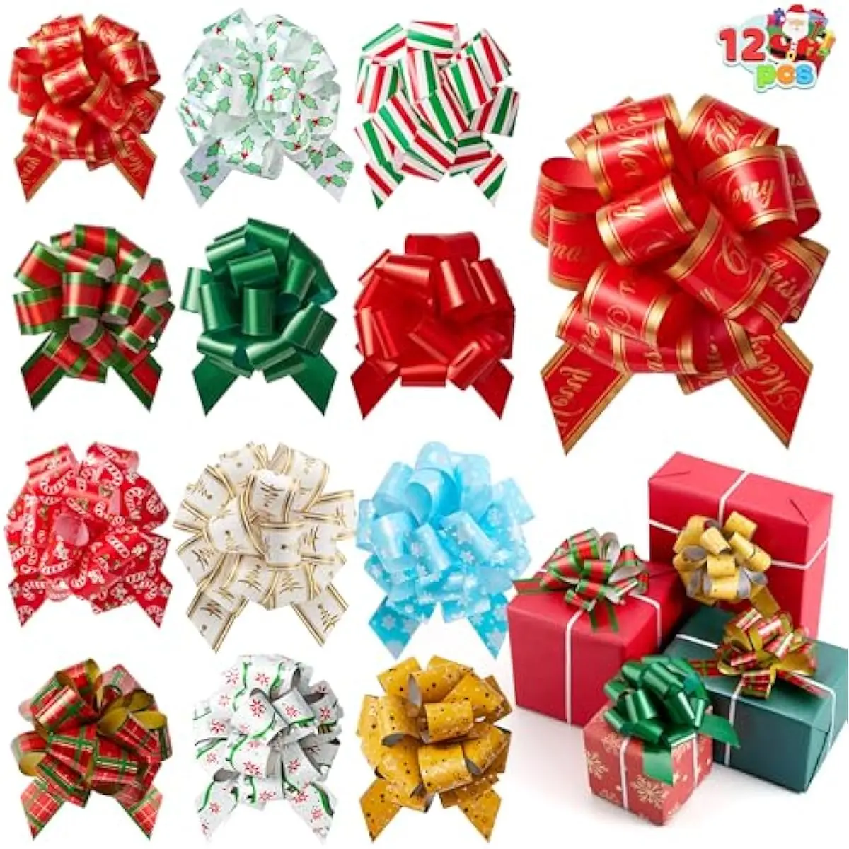 12 PCS Large Christmas Pull Bows with Ribbon 5 Wide for Gift Wrapping and Tags, Christmas Tree, Wine Bottles, Boxing Day Decorations, Holiday Décor Present Wrapping