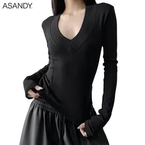 ASANDY Asymmetric V-Neck Bodycon Long Sleeve Top| Y2K Edgy Aesthetic Crop Shirt for Streetwear