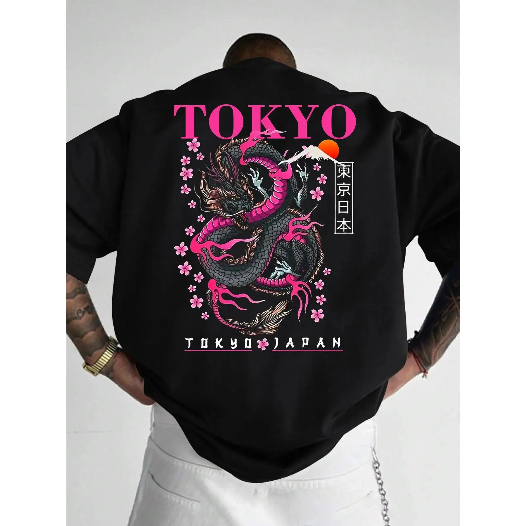 Menswear Japanese Dragon Motif Graphic Top, Casual Short Sleeve Regular Fit Clothes in Soft Fabric for Summer Outdoor Wear, T-Shirt, Graphic Tees, Male Clothing, Men's Graphic Tees