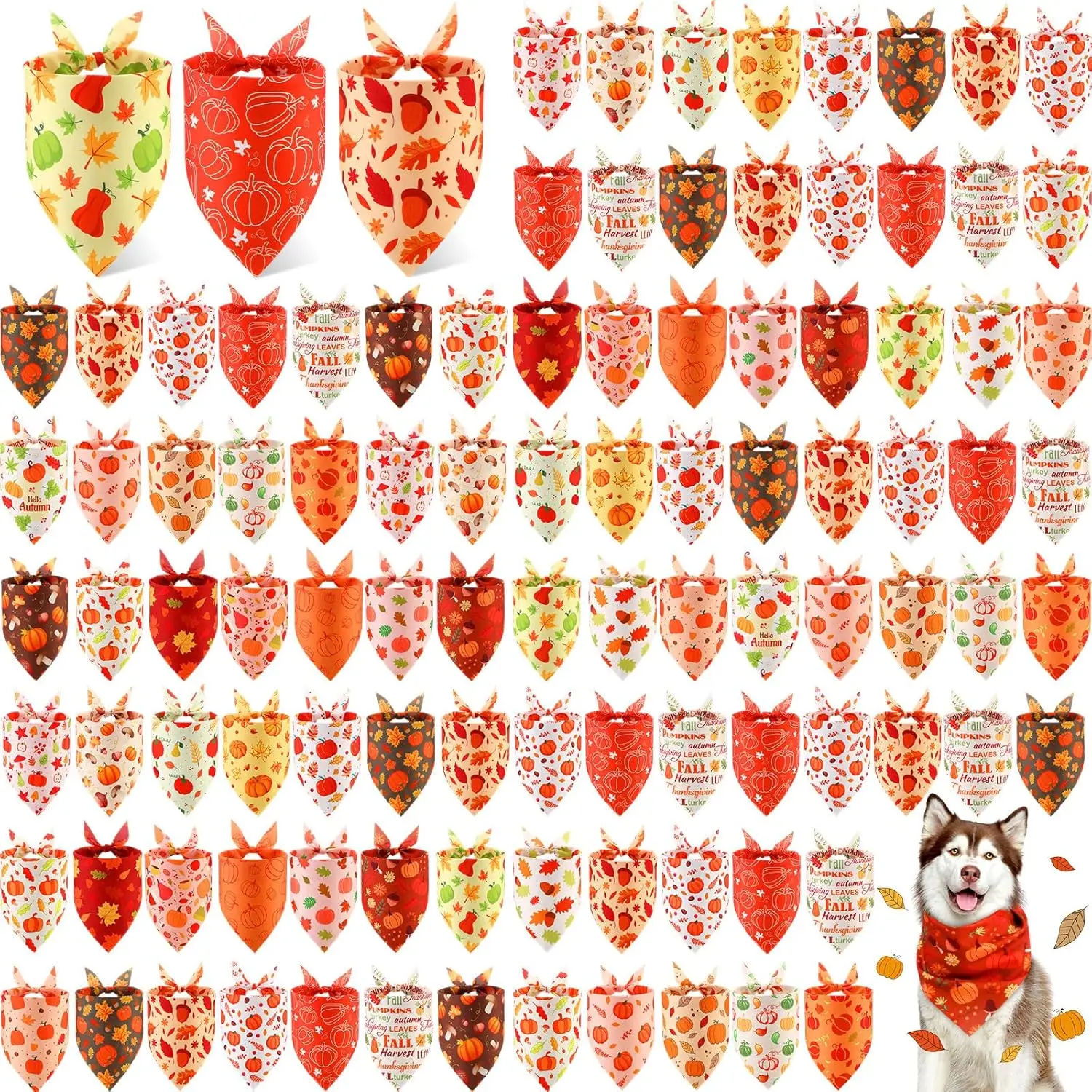100-Count Polyester Pet Bandanas Bulk - Vibrant Breathable Pumpkin Pattern Triangle Scarf Bib Kerchief Set for Small/Large Dogs/Cats, Fall Thanksgiving Costume Accessory (31.5x21.7x21.7in)