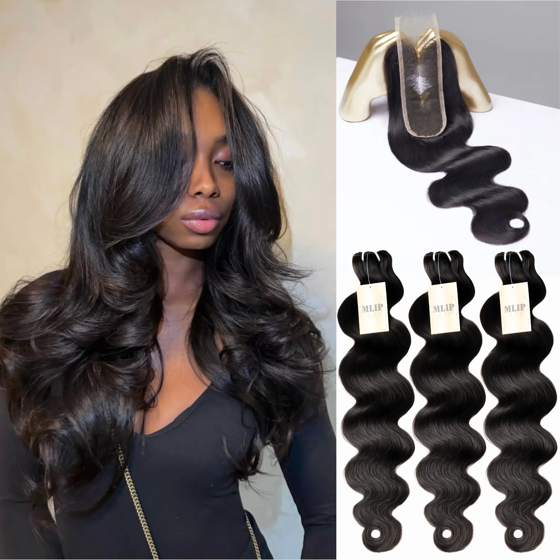 MLIP Hair Bundles - 15A Raw Indian Body Wave Human Hair Bundles with 2x6 HD Lace Closure for Female, Unprocessed Virgin Long Any Length Tangle-Free Weave, Natural Black, Soft & Thick Bundles