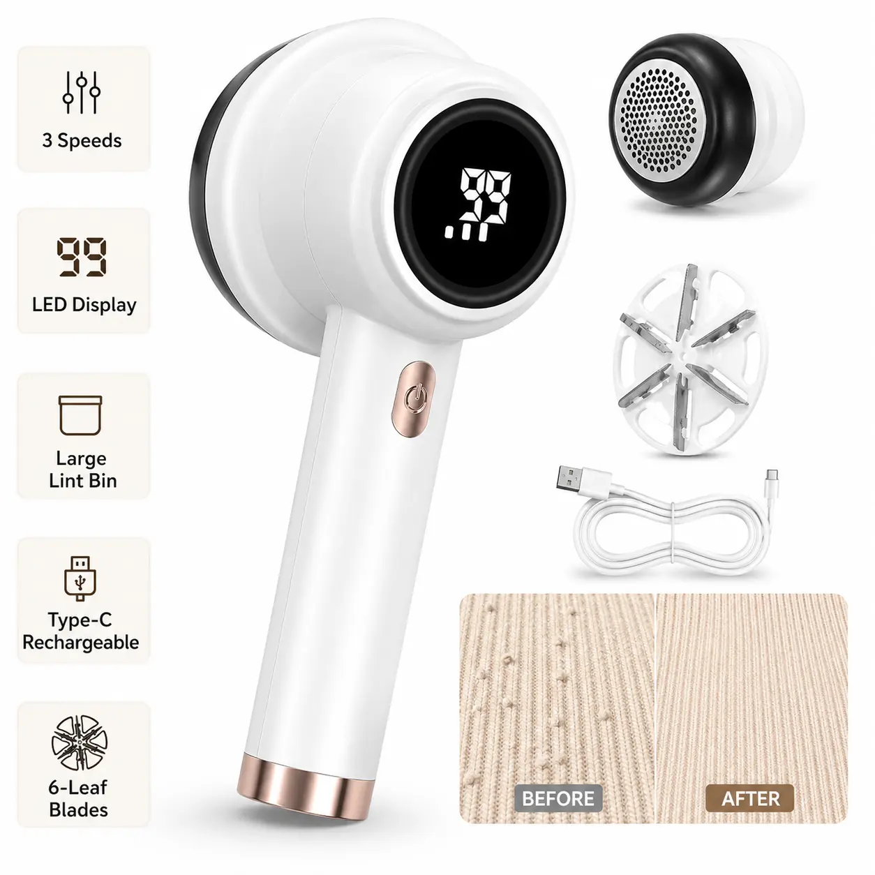 Rechargeable Fabric Shaver, 3-Speed Lint Remover with LED Display and 2 Blades for Sweaters, Clothes, Couch and Bedding