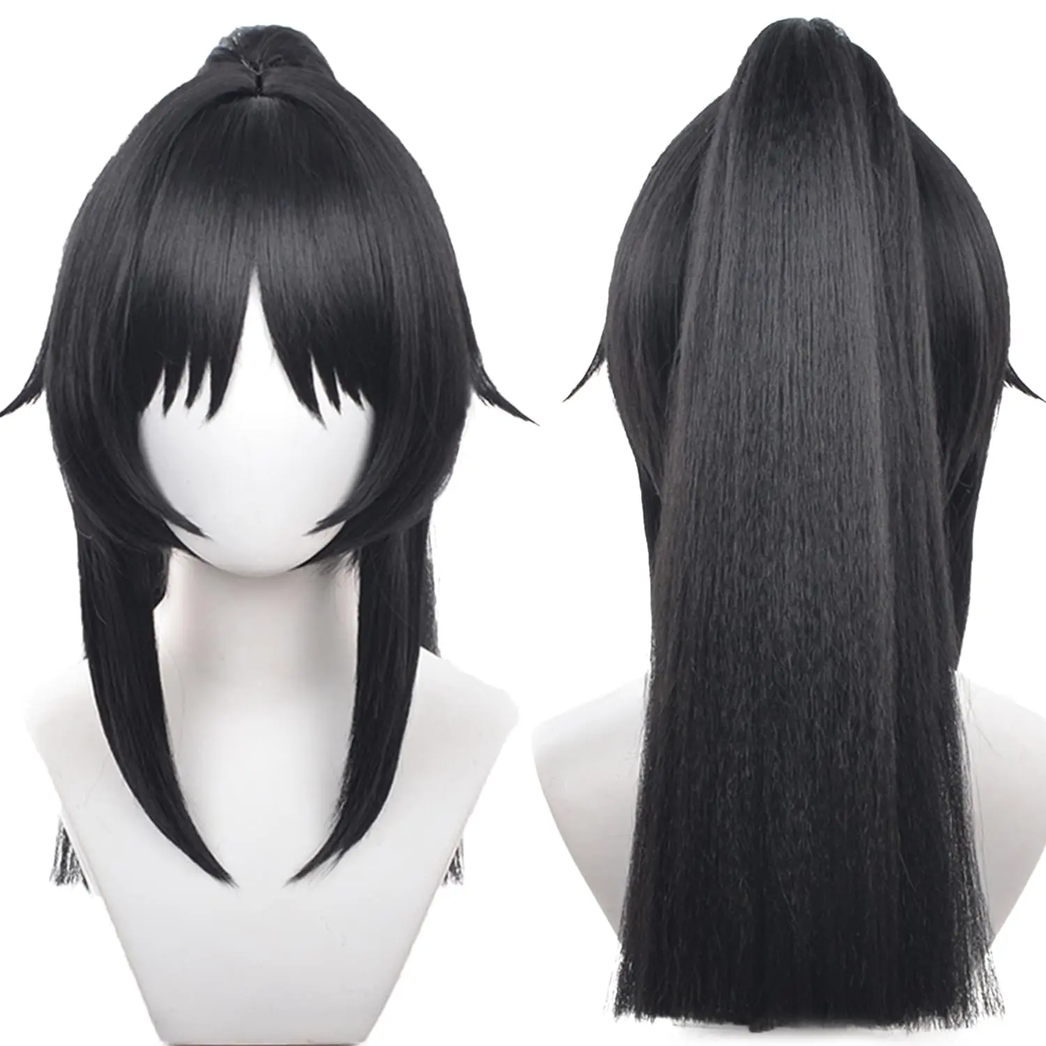 Adult Female Synthetic Heat-Resistant Straight Black Anime Wig with Bangs, Detachable Ponytail, 21-24 Inches Breathable Cap & Hat - for COS Nekomata Cat Mama, Yandere Ayano-chan Cosplays, Halloween, Comic Con
