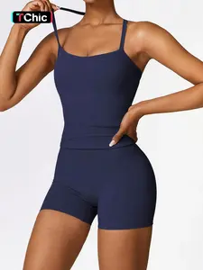 Yoga Fitness Outdoor Spring Summer Casual Sports Tank Top Shorts Set, Sleeveless High Waist Slim-Fitting Backless Design