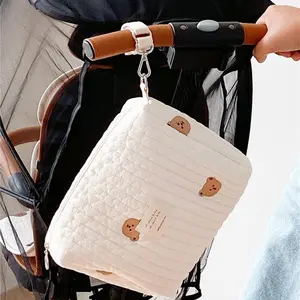 Baby Diaper Bag with Zipper Design, Portable Bear Embroidery Stroller Hanging Bag, Cute Travel Organizer for Essentials, Diaper Tote