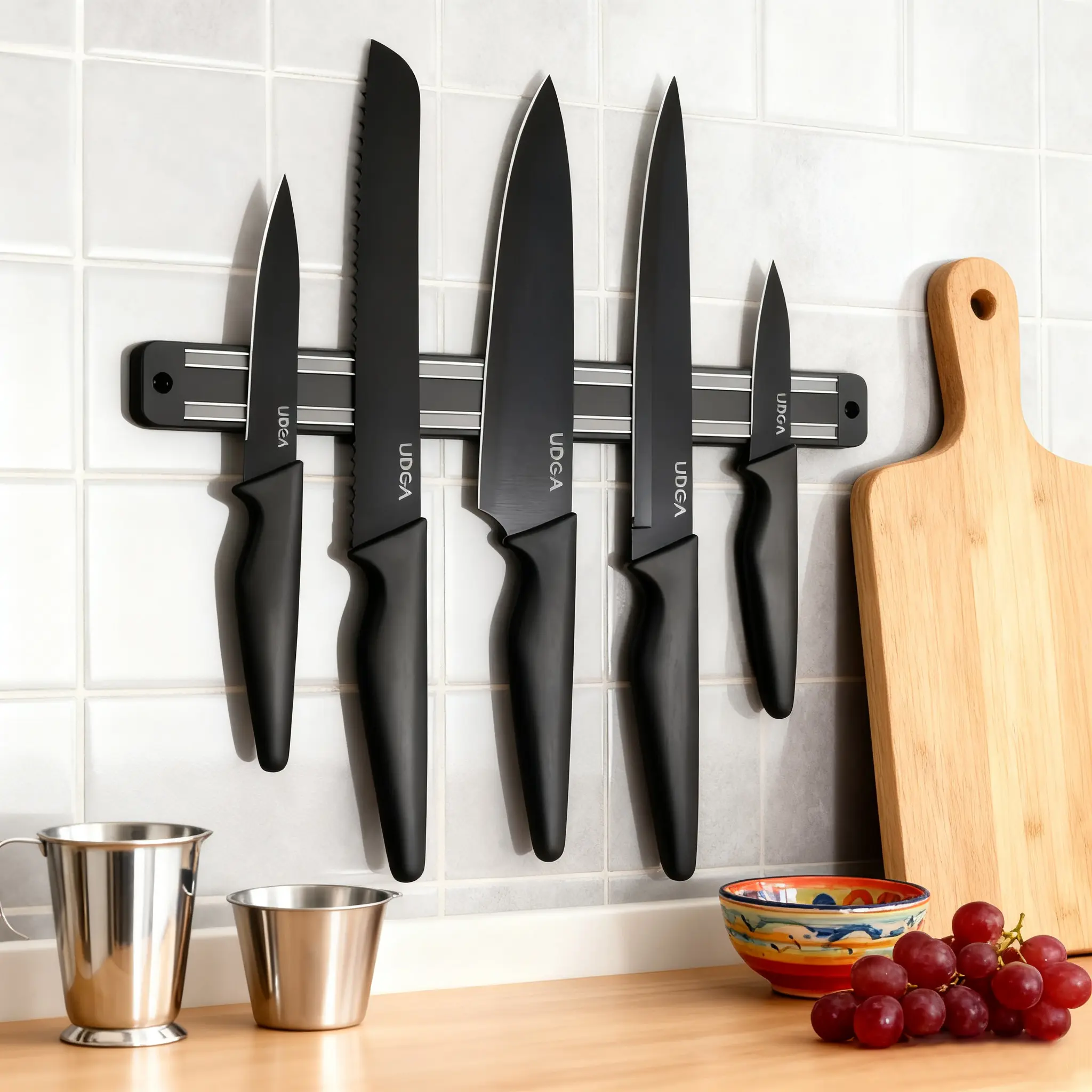 6-piece black knife set with magnetic stripe, wall mounted | magnetic stainless steel knife set, kitchen, dishwasher safety knife set, used for cutting meat and vegetables, gifts for men and women.