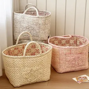Floral Print Quilted Storage Basket Large Capacity Portable Foldable Soft Material Square Handheld Design for Laundry Snacks & Storage Bin