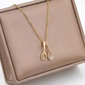 Cute Fork & Spoon CZ Pendant Necklace Rose Gold-Tone Playful Jewelry Gift for Her Foodie Christmas Birthday Gift Delicate Chain Charming Carrot Pendant