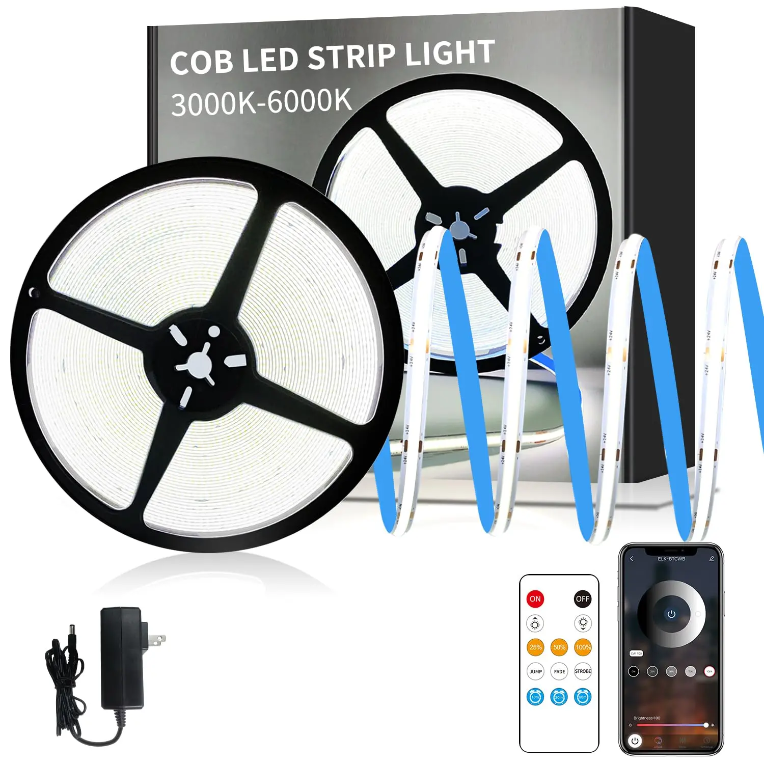 Yocrostar COB LED Strip Lights - Dimmable 6000K White Flexible Rope Lights with Remote and App Control, Ideal for Bedroom, Living Room summerwins