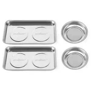 HORUSDY 4-Piece Large Magnetic Parts Tray Set, Stainless Steel Heavy Duty 9.5"W x 5.5''L Square and 4.5" Round Magnetic Trays Tools Parts Tray Metal Organiser Boxes