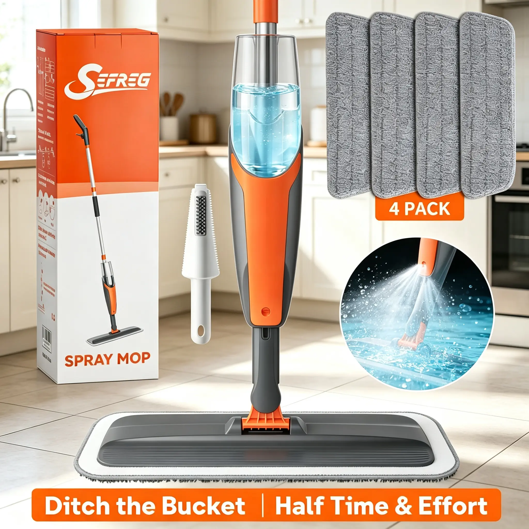 360° Swivel Head Spray Mop - Floor Care Tool, Hands Free Flat Mop, Wet/Dry Power, 4 Reusable Microfiber Pads, Refillable Bottle, Scraper, 1-Handed Operation, Lightweight Rust-Proof Pole, Multi-Surface Hardwood/Tile Cleaning