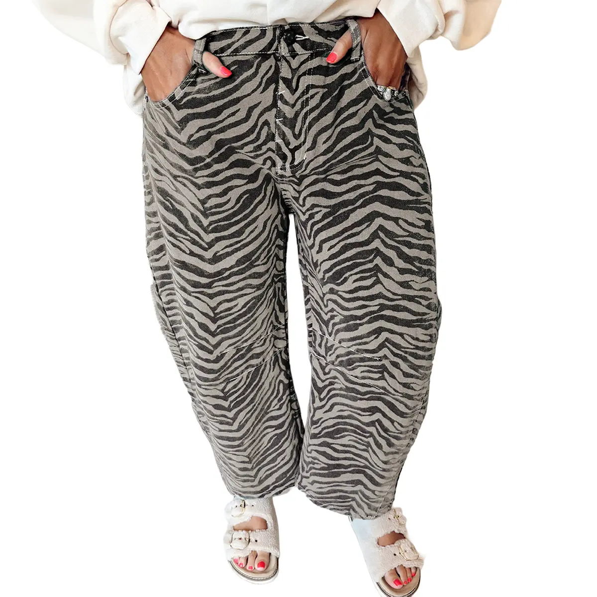 Znacicc Women's Zebra Print Barrel Jeans, Gray Wide Leg Baggy Womenswear Bottoms - Retro Streetwear, Vintage Vibe for Festival & Casual Summer Outfits, Bottom