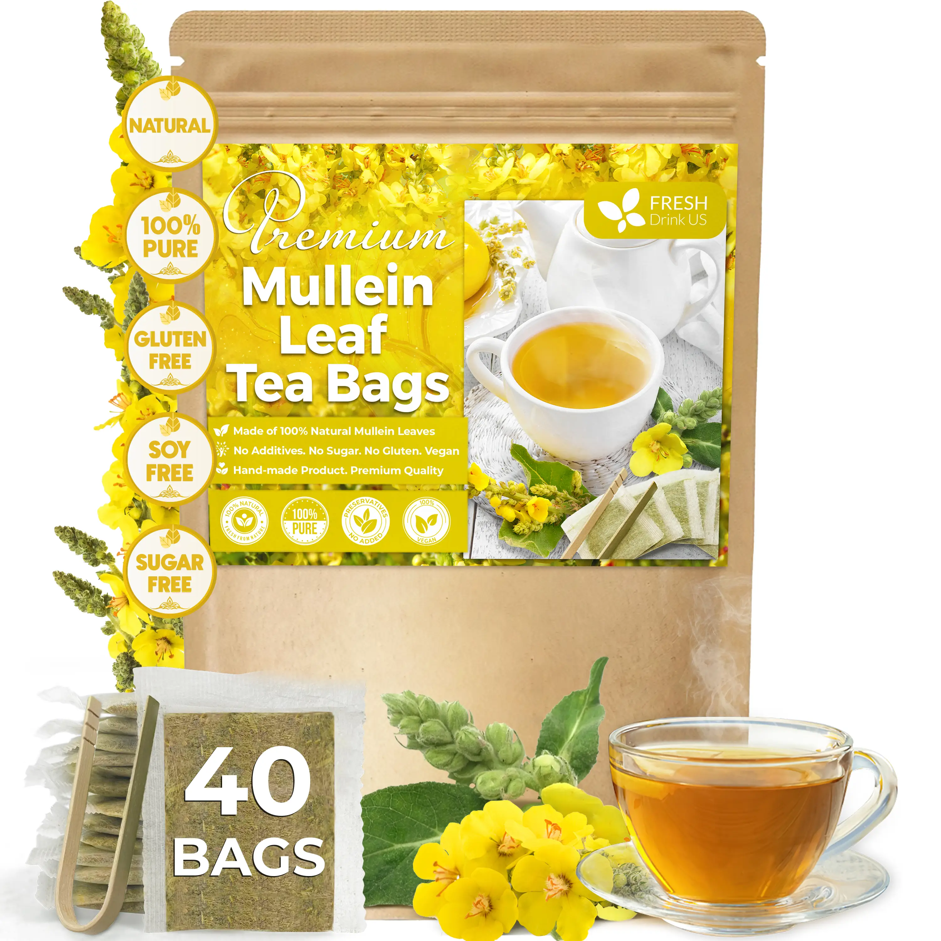 Premium Mullein Leaf Tea Bags For Lung, 100% Natural & Pure from Mullein Leaves. Loose Leaf Mullein Herbal Tea. Made with Natural Material Tea Bags. N