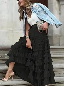 High Waist Slimming A-Line Skirt, Layered Cake Design, Women's Fashionable Half-Sleeve Dress, Perfect for Casual & Formal Wear