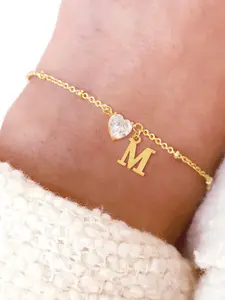 Women's Stainless Steel Initial Bracelet, Artificial Crystal Heart Pendant Design, Elegant Casual Jewelry Accessory