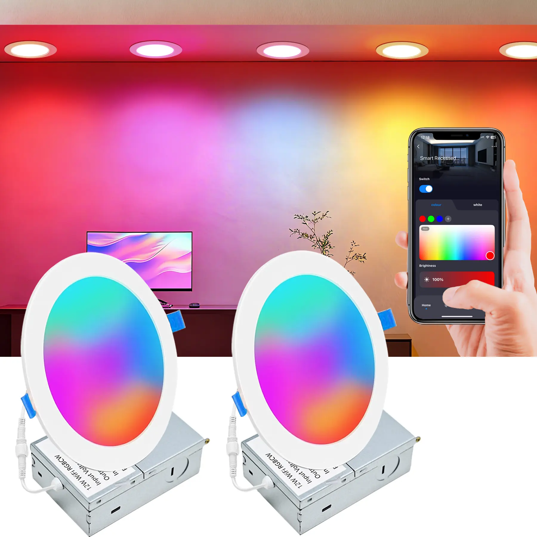 Smart Recessed Lighting 6 Inch, Wi-Fi Bluetooth Direct Connect RGBWW LED Downlight, 65 Scene Mode, Canless Recessed Light with Junction Box, 1320 Lumen, 12W