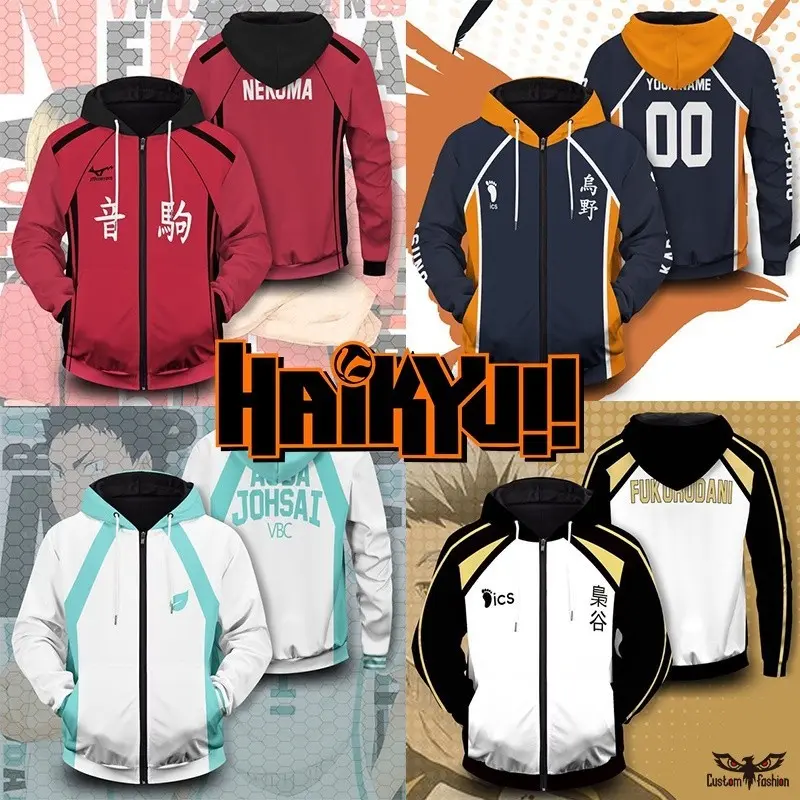 [CustomFashion]Anime Haikyuu Zip Hoodie Karasuno Nekoma Oversized Cosplay Hooded 3D Printed Zipper Pullover Jacket FTFO