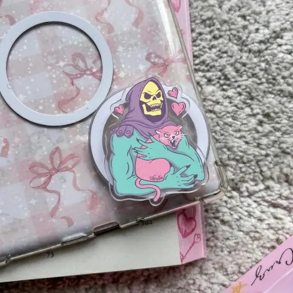 Funny Skeletor Hugging Cat MagSafe Phone Grip, Retro 80s Cartoon Villain Griptok, Cute Angry Pink Cat Phone Stand, Sarcastic Meme Pop Culture Accessory, Whimsical Gift for Alt Gen Z