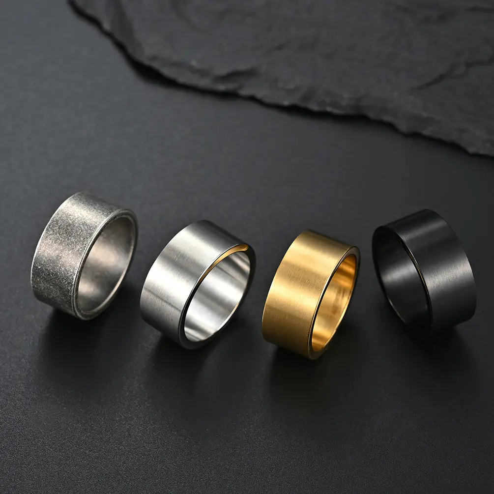 Titanium Steel Ring 10mm Wide Flat Matte Brushed Band Vintage Silver Minimalist Hip Hop Streetwear Jewelry for Men