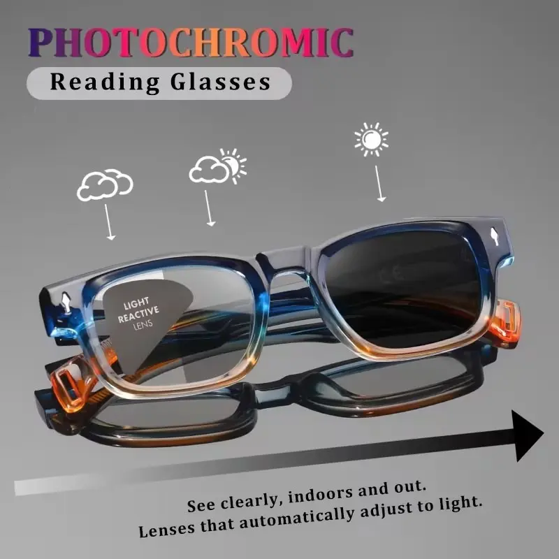 New Photochromic Reading Glasses, Photochromic Lens, Anti-Blue Light, Correction, Uv400 Protection, Vintage Square Frame, Dual Rivet Decor, 7 Colors, Reading Eyeglasses, Reading Sunglasses, Transition Eyeglasses, Reading Eyewear
