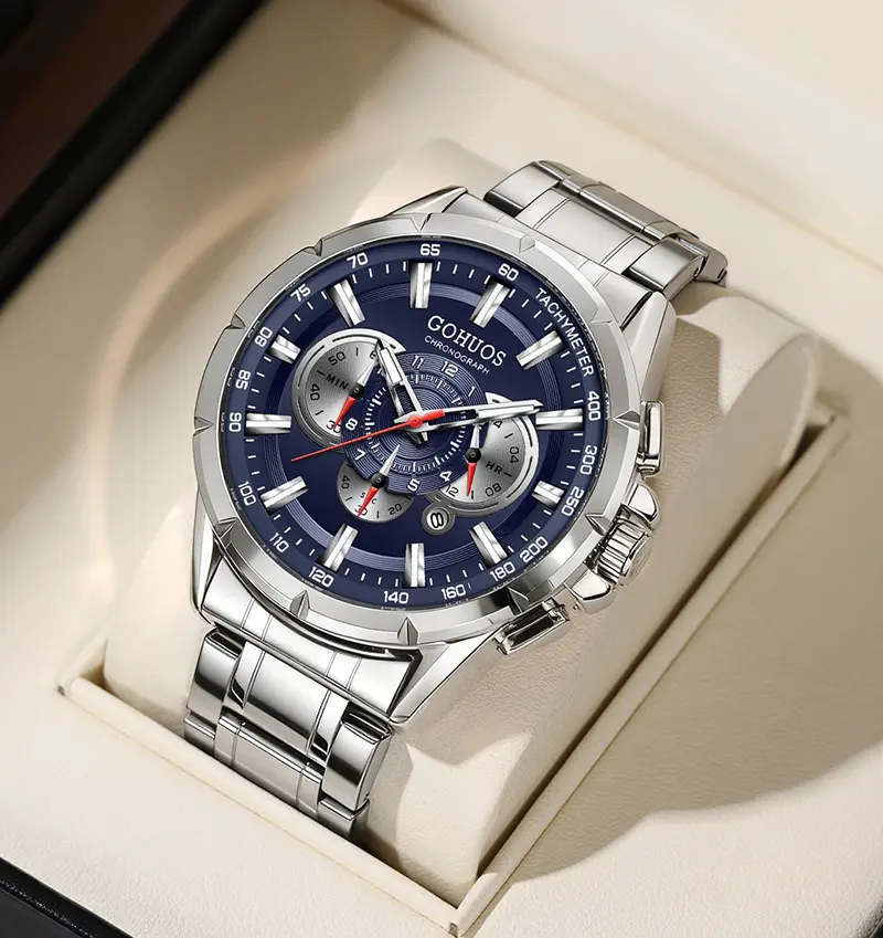 GOHUOS Big Round Dial Analog Men’s Business Fashion Watch, Elegant Premium Chronograph, Water Resistant Quartz Wristwatch, Stainless Steel Strap, Calendar Feature, Casual Wristwatch，Watches for men