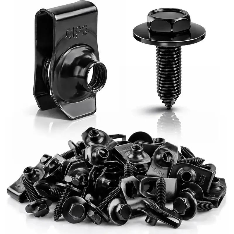 50PCS Automotive Fastener Kit, 1/4" Body Bolts & U-Nut Clips, Black Replacement Screws for Car Fender, Bumper, Engine Cover and Splash Shield Repair
