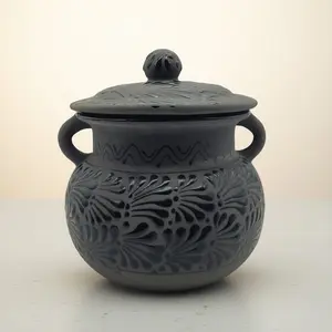 Black Talavera Bean Pot with Lid | Mexican Clay Frijolero