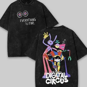 The Amazing Digital Circus Washed Cotton Shirt, TADC Shirt, Graphic Tee, Cartoon Double Printed Vintage Washed Tee Cotton T-shirt Fabric Menswear Top Collar