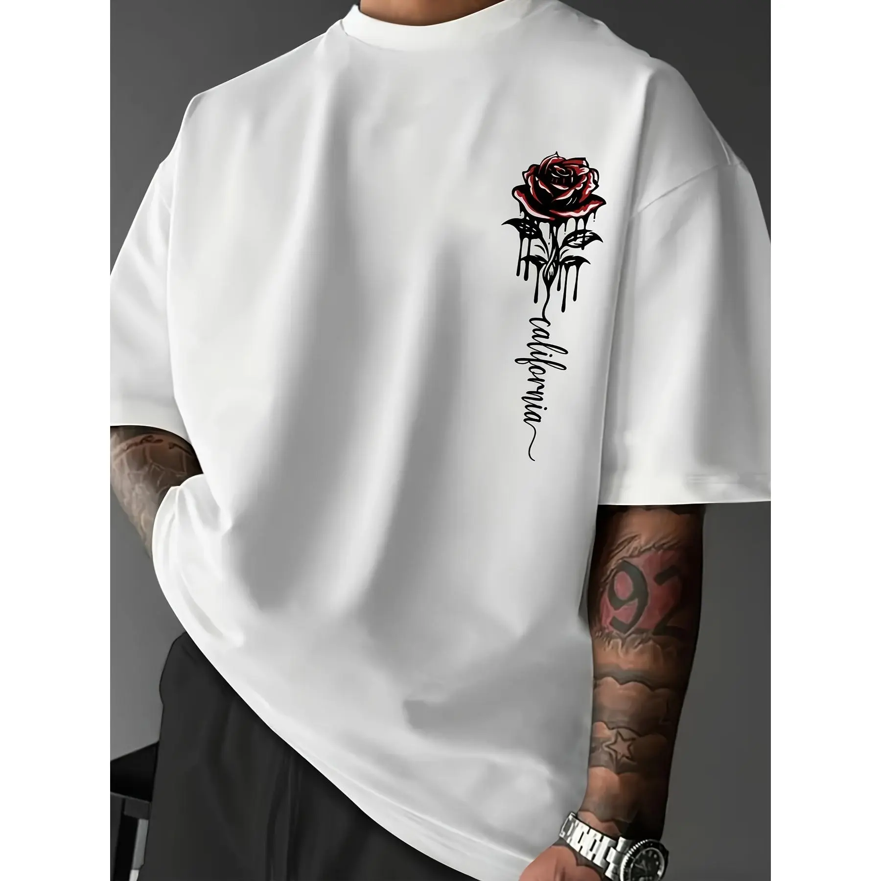 Men's Rose Print Graphic T-shirt - Casual Loose Fit Stretch Knit, Short Sleeve Crew Neck Summer Streetwear Top, Shortsleeve, Fabric, Round Neck, Tshirt