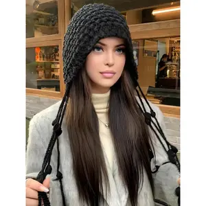Women's Handmade Tassel Ball Knit Beanie - Knit Hats for Autumn Winter, Female Warm Ear Protection Cap, Stylish Daily Wear Fashion Headwear