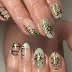 3D Sun Pattern Cat's Eye Fake Nails with Nail File & Tape, 24pcs Removable False Nails for Women Girls Nail Art, Nail Design, Effortless Press on Nails Manicure Set Nail Kit Set, Glossy False Nails