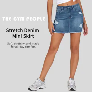 THE GYM PEOPLE Women's Ripped Denim Mini Skirts Stretchy Frayed Raw Hem Casual Trendy Jean Skirt with Pockets