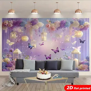 Polyester 2D Flat-Printed Purple Lavender Magical Tapestry Wall Hanging - Hydrangea Lantern, Fairy Floral Butterfly Design, Nature-Inspired Decor, Aesthetic Backdrop Gift for Bedroom, Living Room
