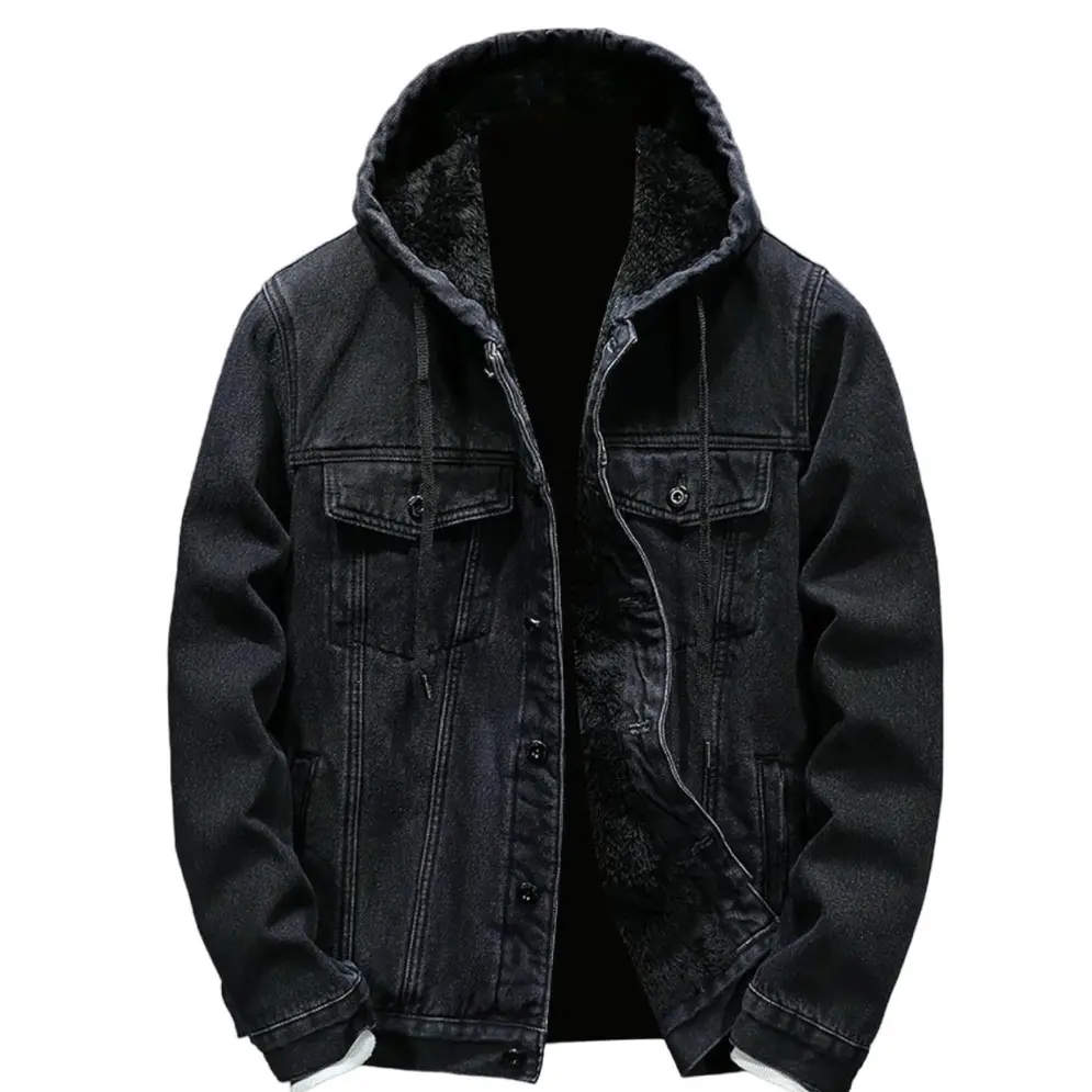 Mens Fleece Lined Denim Hoodie Jacket - Winter Warm Cowboy Jean Jacket, Casual Button Down Style, Thicken Trucker Coats - Sweatshirts, Menswear