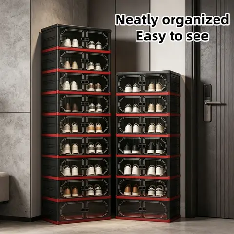 GoldSnake Rectangle Collapsible Shoe Rack Organizer - 3/6/9-Tier Foldable Stackable ABS PC Plastic Cube, 3-Layer Magnetic Flipdoor Quick Grab Access, No-Tools Easy Setup, Customizable for Entryway, Closet Storage, Apartment Organization Solutions