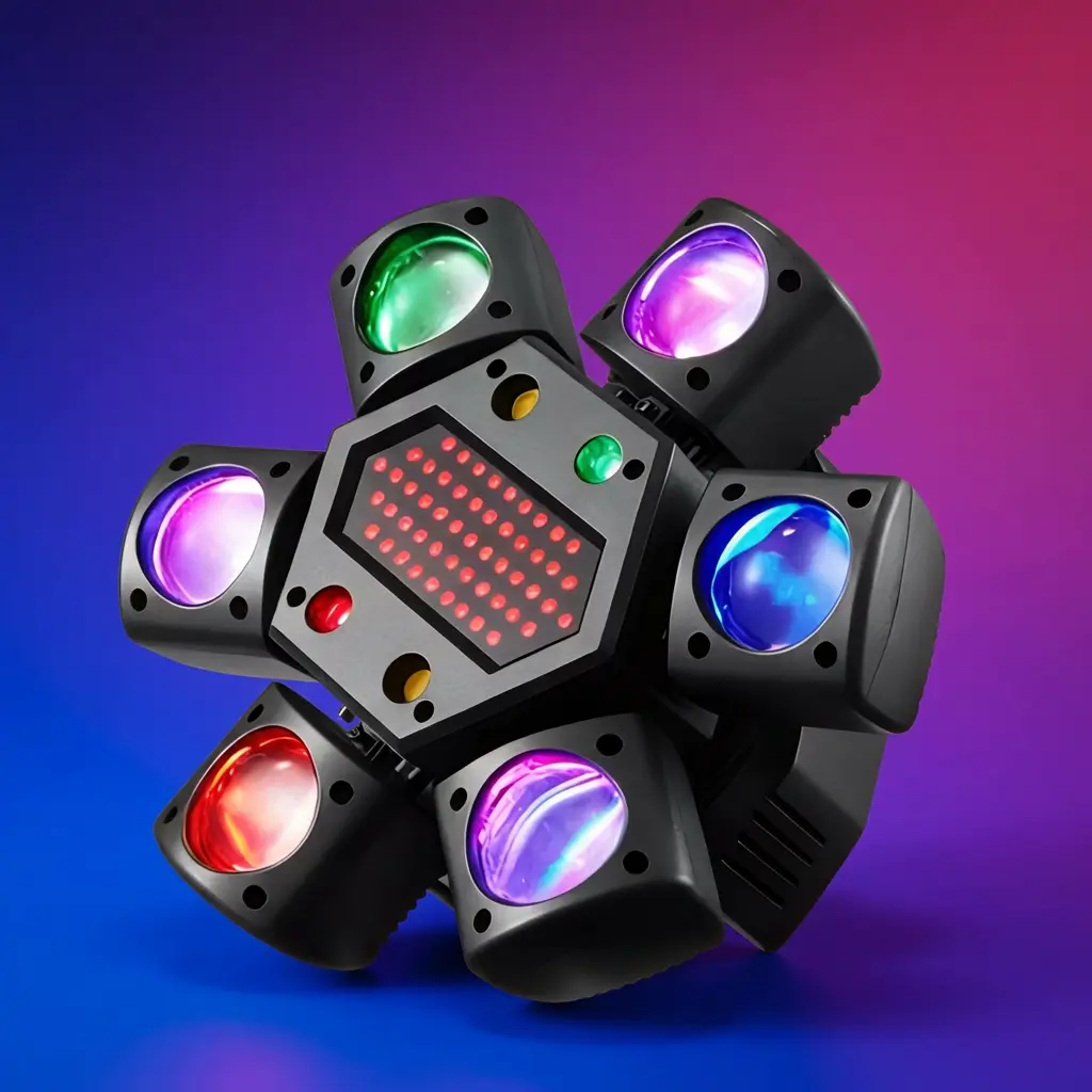 XNK 6-Arm Aluminum Moving Head DJ Laser Beam Light, RGBW Beam & Red Laser Effects, Sound-Activated DMX512 Stage Lighting for Living Room, Backyard Events