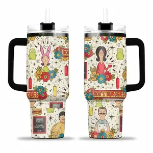 Bob’s Burgers Tumbler 40oz Stainless Steel With Handle & Straw, Gift For Fans Bob Belcher Family Merch, Linda Belcher Aesthetic Mug, Cute Cartoon Flower Cup, Reusable Coffee Cup For Home Office Kitchen, Gift For TV Show Fans