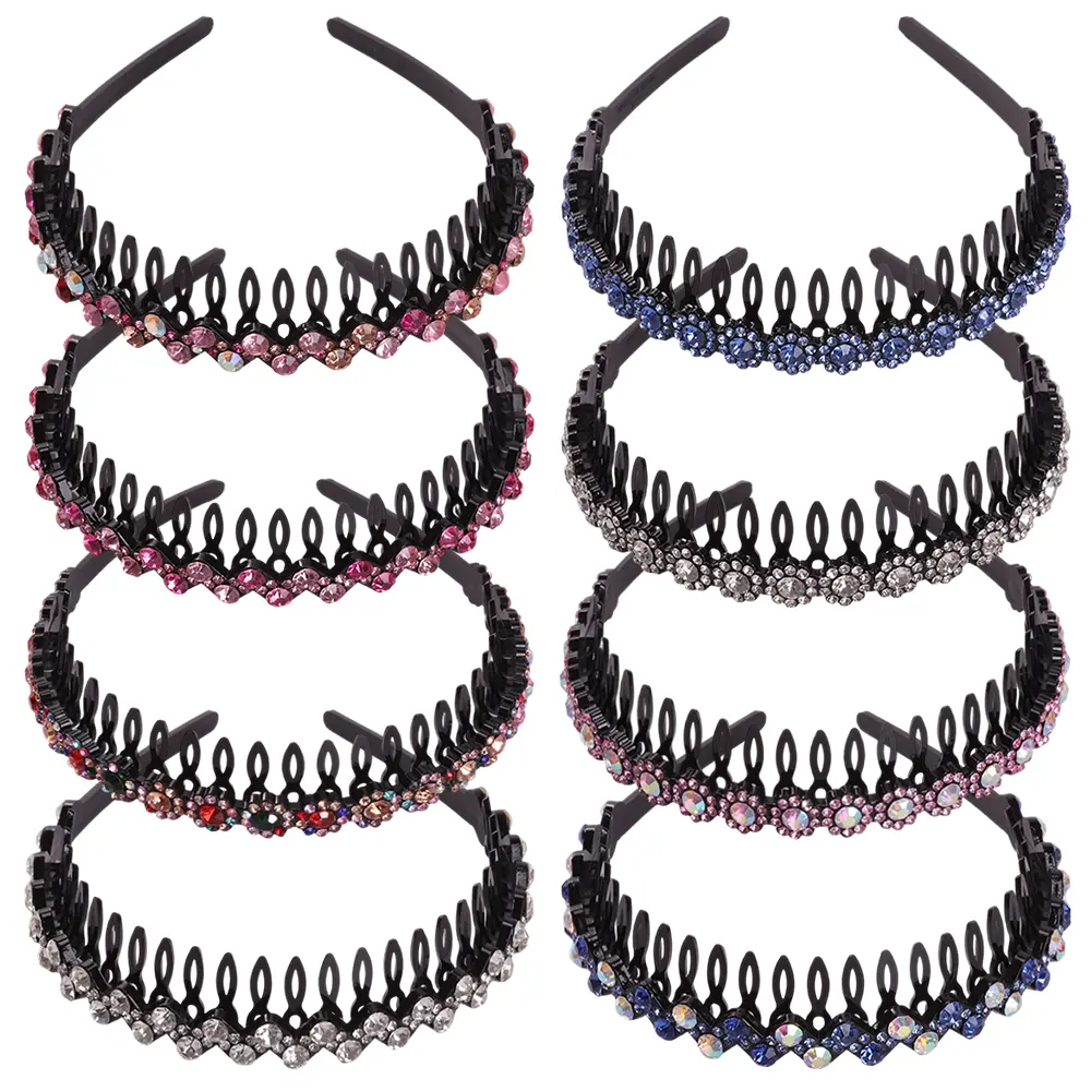 [Summervibes] 8Pcs/Set Rhinestone Headbands with Teeth Comb for Women,Flower Crystal Wave Headband,Plastic Tooth Comb Headband,Non-slip Rhinestone Hair Band Hair Accessories,Hand Tools Kits