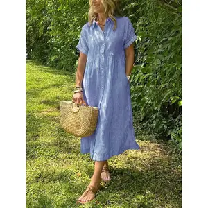 Women’s Loose Plus Size Striped Short-Sleeve Shirt Dress – Summer Casual Cotton/Linen Midi Dress