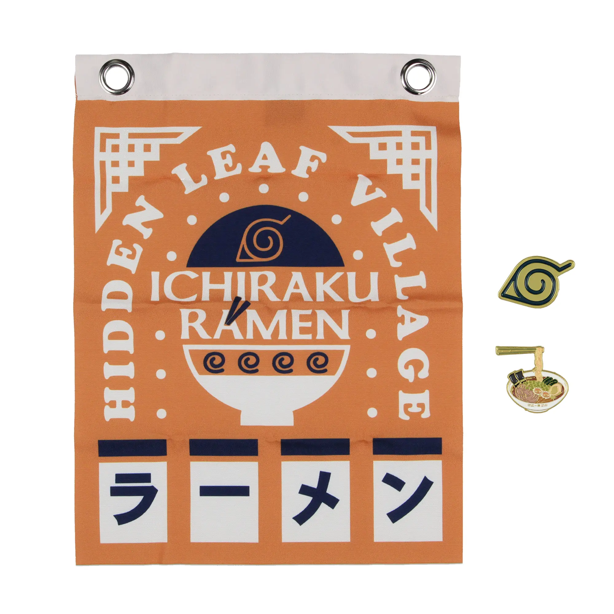 Naruto Anime Hidden Leaf Village Ichiraku Ramen Enamel Lapel Pin and Felt Banner Set, Enamel Colors, Zinc Alloy
