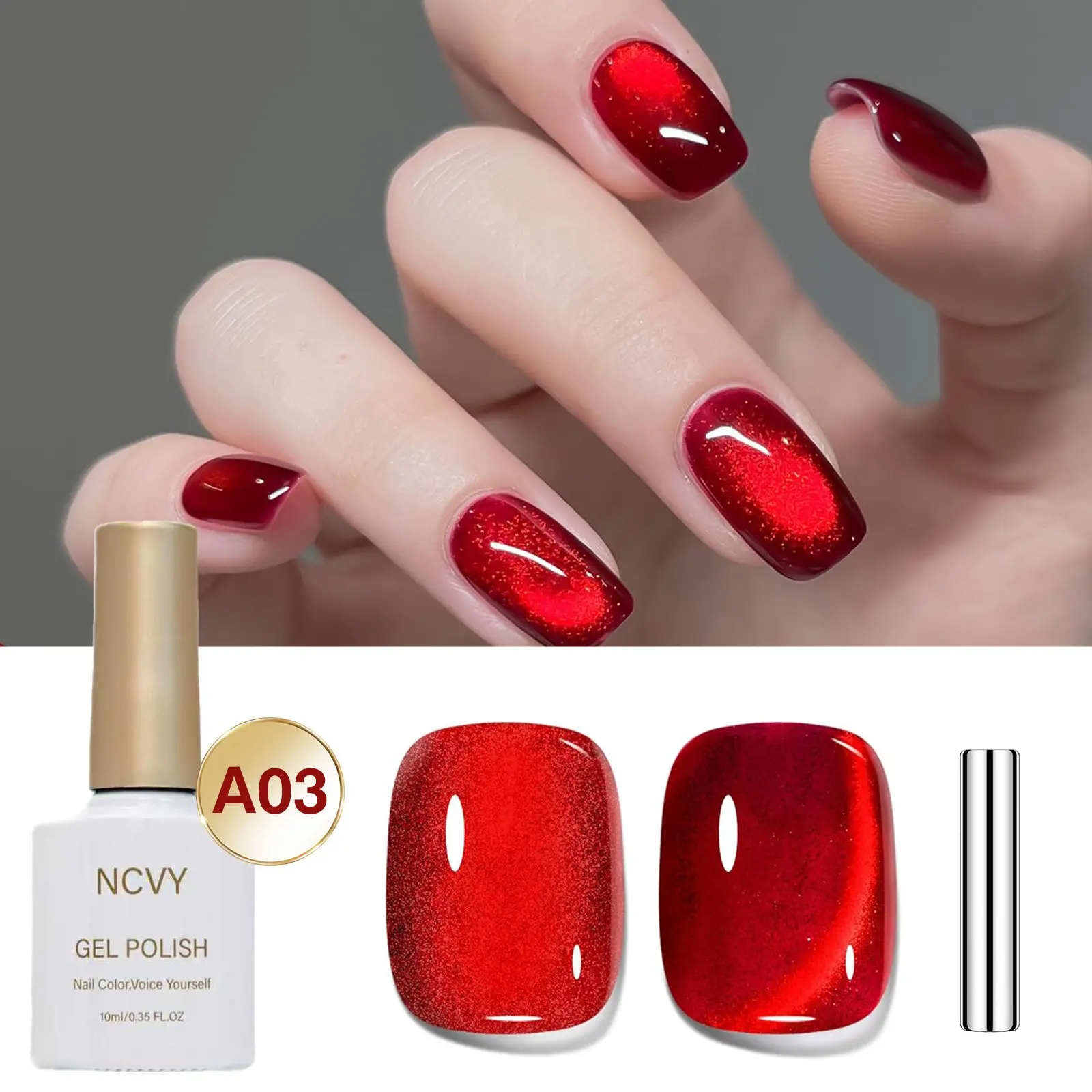 NCVY ruby red Cat Eye Magnetic Gel Nail Polish, 10ml/0.35oz with magnetic tool, long-lasting formula with LED curing, salon quality, Manicure Nail Art, Cosmetic, perfect for DIY at home, ideal gift for events and spring/summer, Nail Polish Gifts.