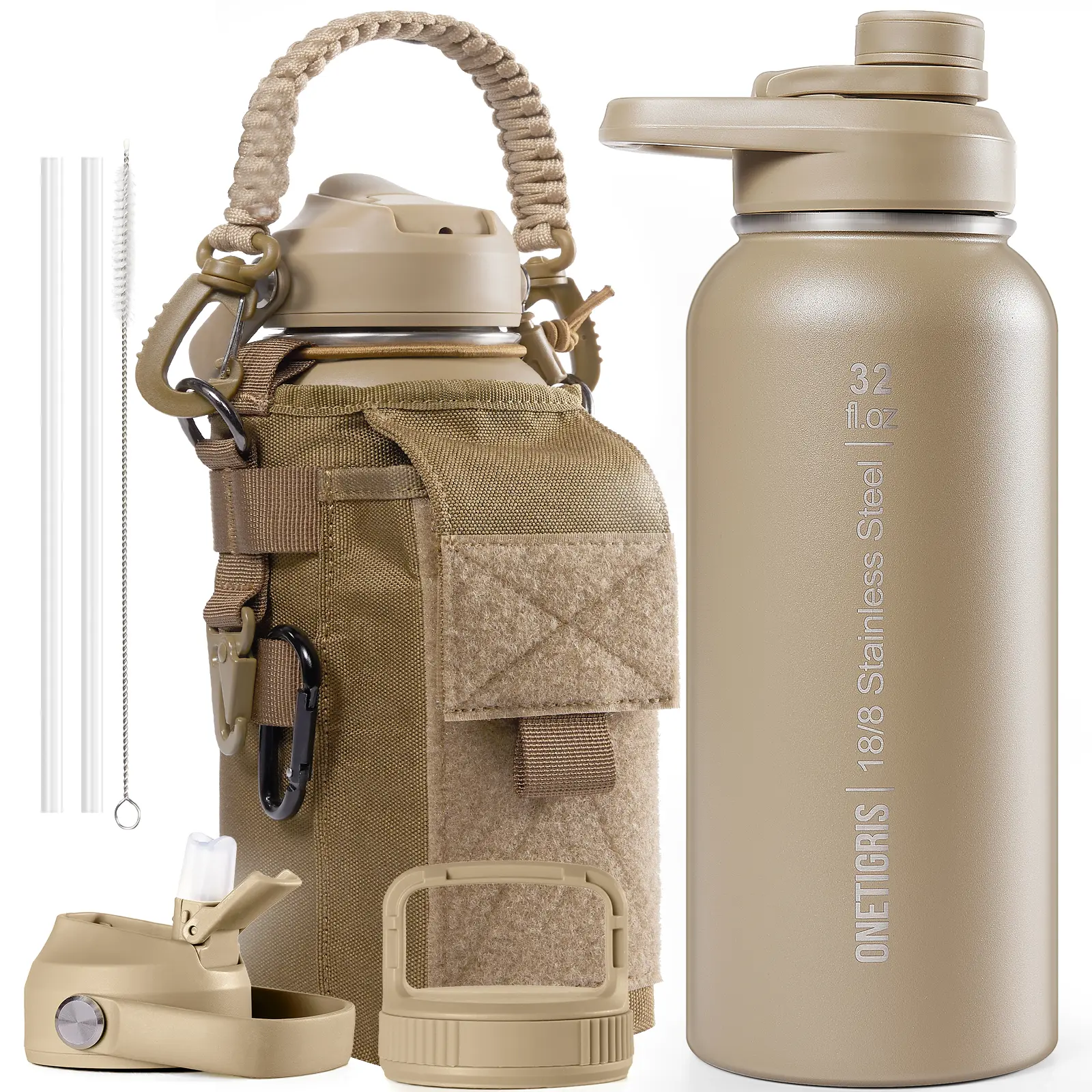 ONETIGRIS 32 oz Insulated Water Bottle with Straw Tactical Stainless Steel Jug Leakproof Thermos Wide Mouth Sport Bottle with 3 Lids and Sleeve for Travel Gym Camping Hiking