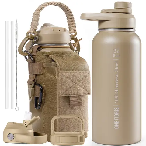 ONETIGRIS 32 oz Insulated 304 Stainless Steel Sports Water Bottle - 3 Leak-Proof Lids, Straw, Sleeve, Straw-Cleaning Brush, 360° Seal Keeps Car & Backpack Dry, Ice-Cube Ready, Wide Mouth for Travel, Camping